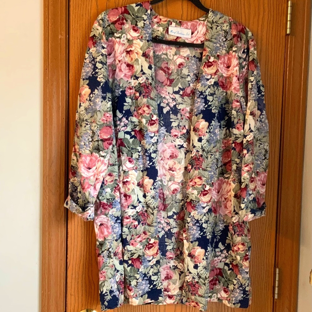 VINTAGE MERYL FASHIONS LTD FLORAL OPEN FRONT CUFFED 3/4 SLEEVE BLAZER JACKET
